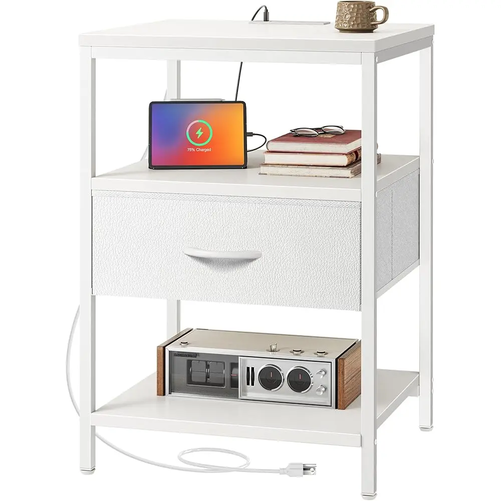 

Nightstand With Charging Station, White Night Stand With Adjustable Drawers, 17.7 Hes Wider Side Table For Bedroom, 3-Tier