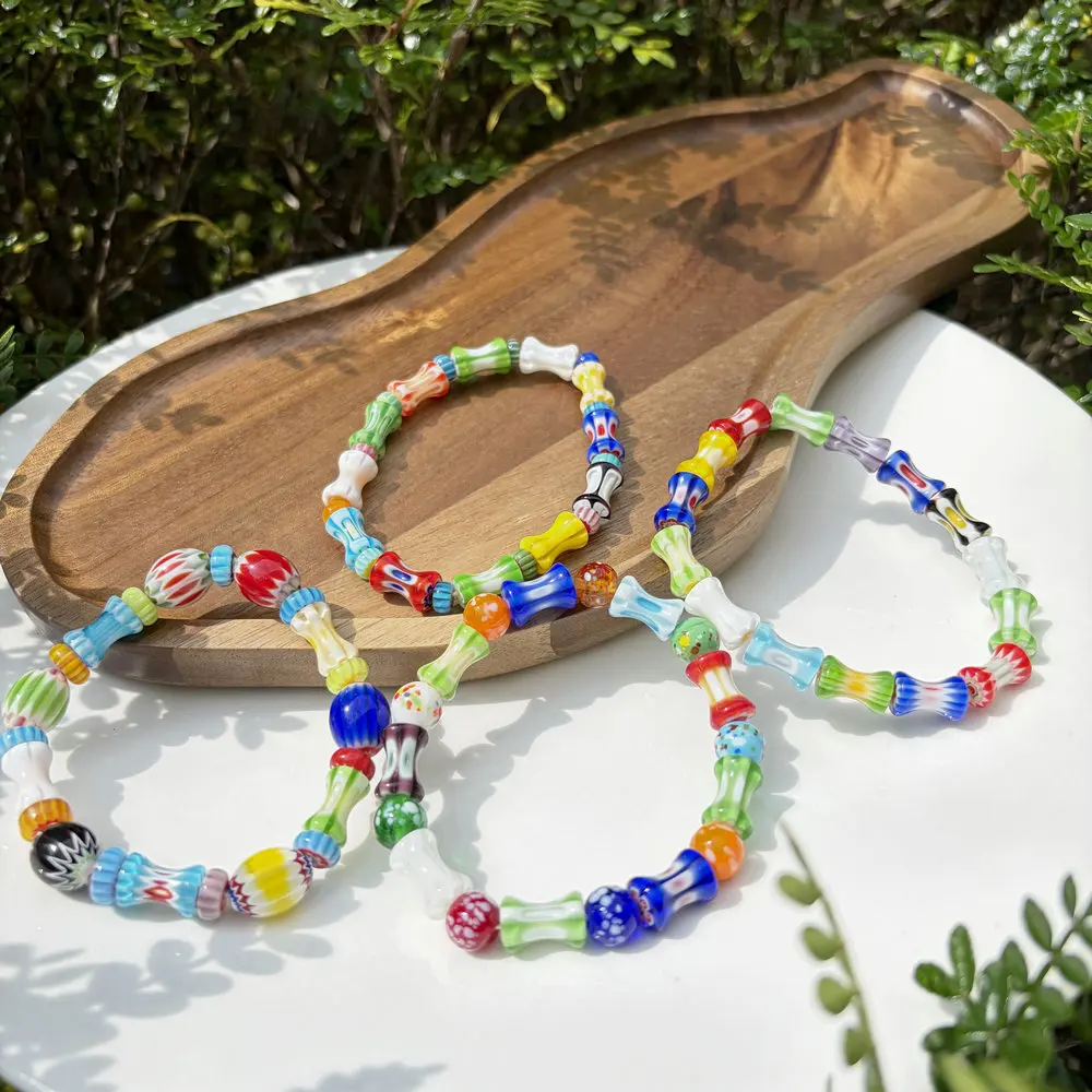 1PCBohemian Bone‑Shaped Millefiori Glass Bracelet Colorful Bamboo Joint Beads Handmade Elastic Bracelet For Women Travel Jewelry