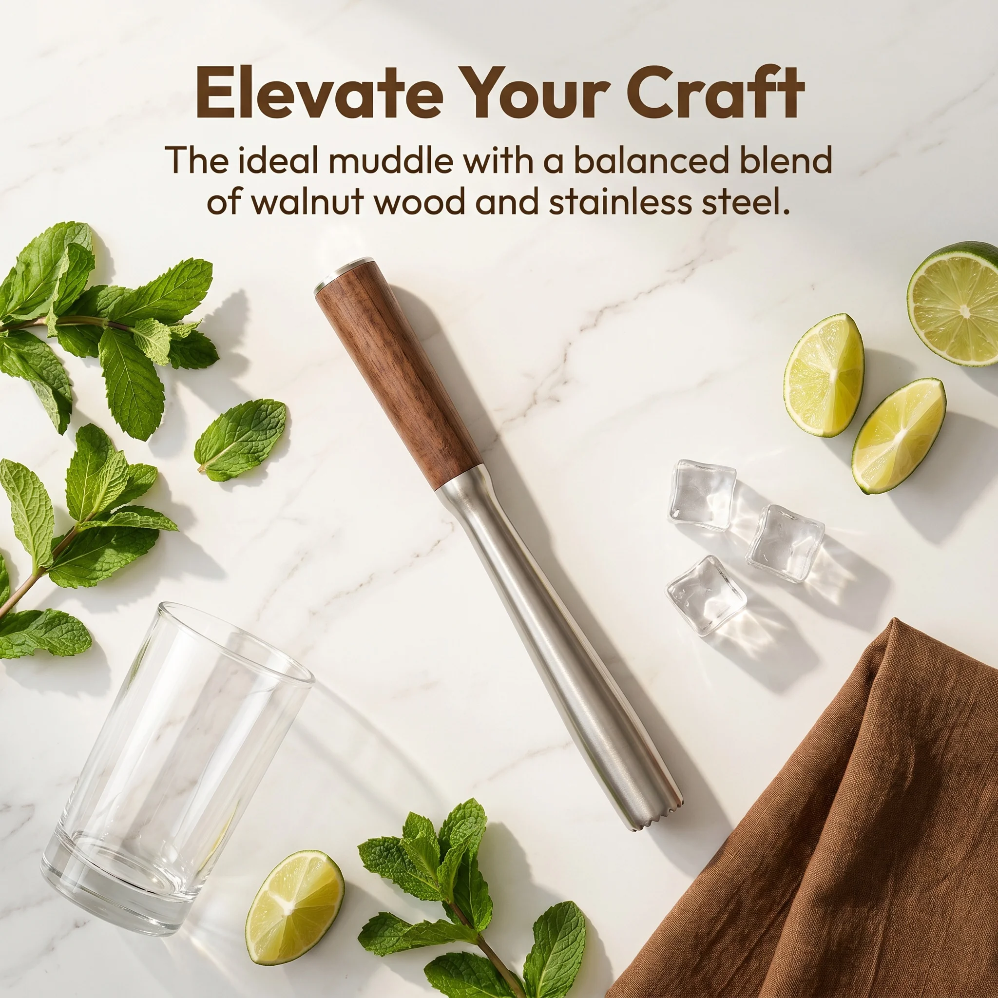 Multi-Purpose Muddler for Cocktails & Kitchen, 304 Stainless Steel Masher with Wooden Handle, 9.92