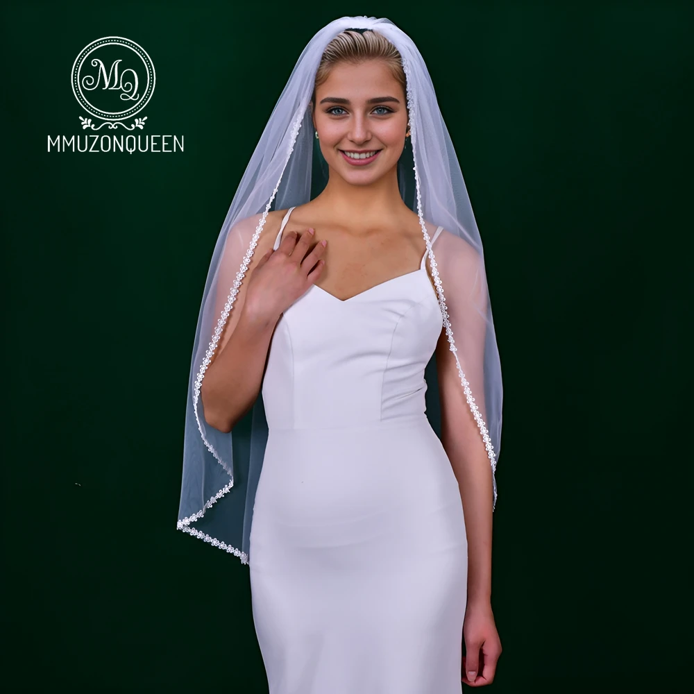 MMQ M05-Voile Court Simple en Tulle Souple avec Bord en Dentelle Florale, Couche Unique, Peigne à Cheveux, pour Mariée, Mmulogging Queen