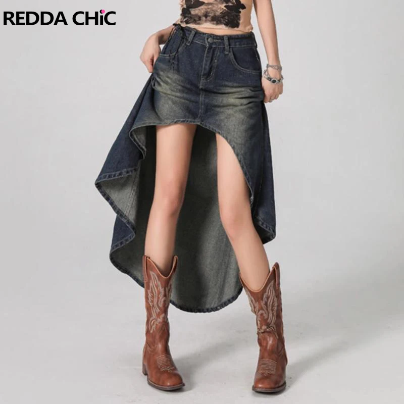 

ReddaChic Women Ruffle Denim Long Skirt High Rise High-low HemlineVintage Washed Jeans Bottoms Summer New Grunge Y2k Clothes