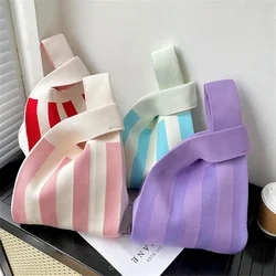 Colorful Striped Knitting Tote Bags Women'S Shoulder Bag Fashion Tote Ladies Female Woven Shopper Purse Lady Crossbody Handbag