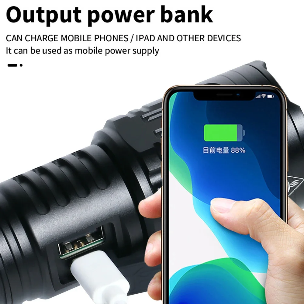 High Lumen P99 LED Flashlight USB C Rechargeable Torch Zoomable 3Mode Outdoor Portable Camping Light Emergency Power Bank Lamp