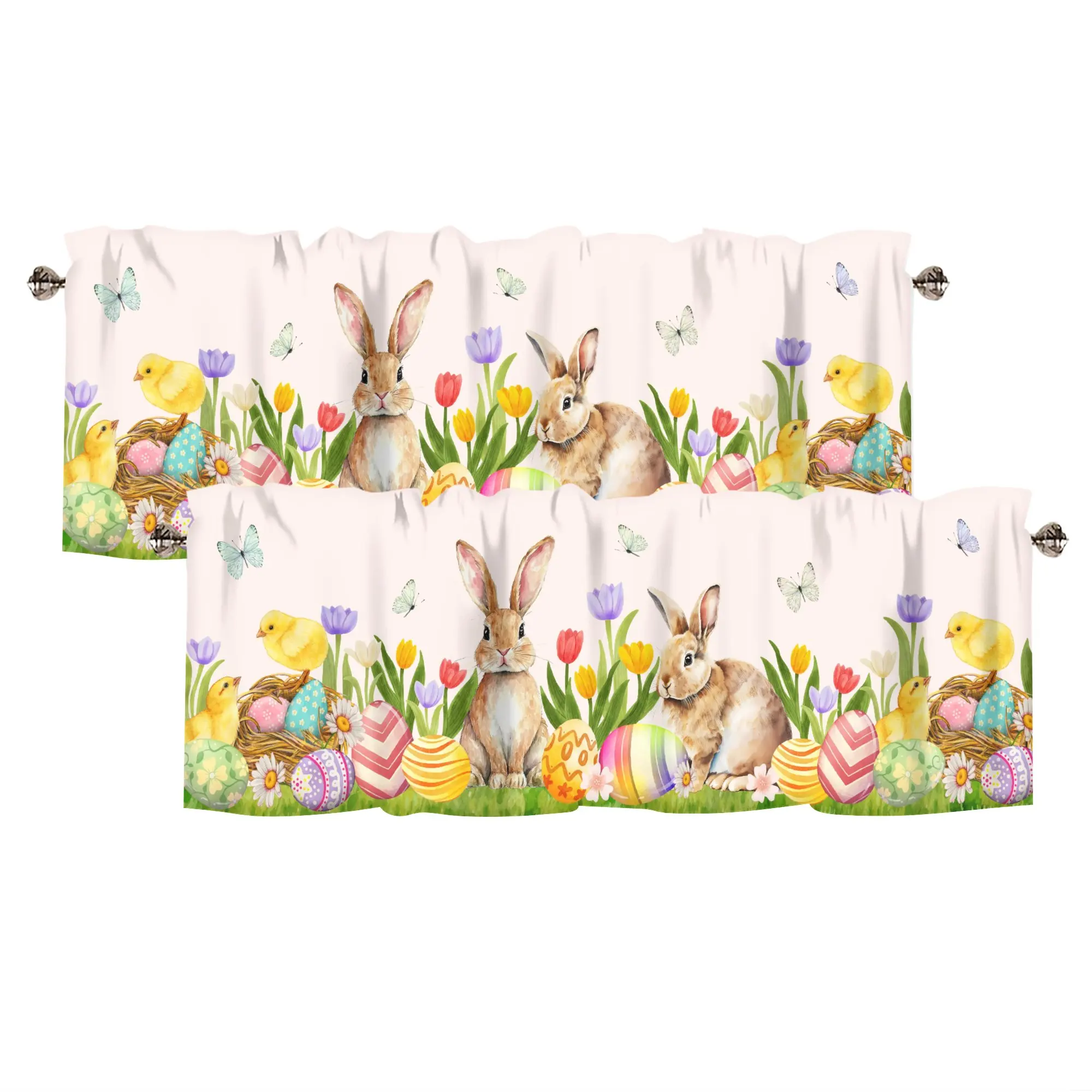 

2 Piece Set Easter Bunny Curtain Valance Window Rabbit Easter Eggs Kitchen Short Curtains Valances Floral Windows Decoration