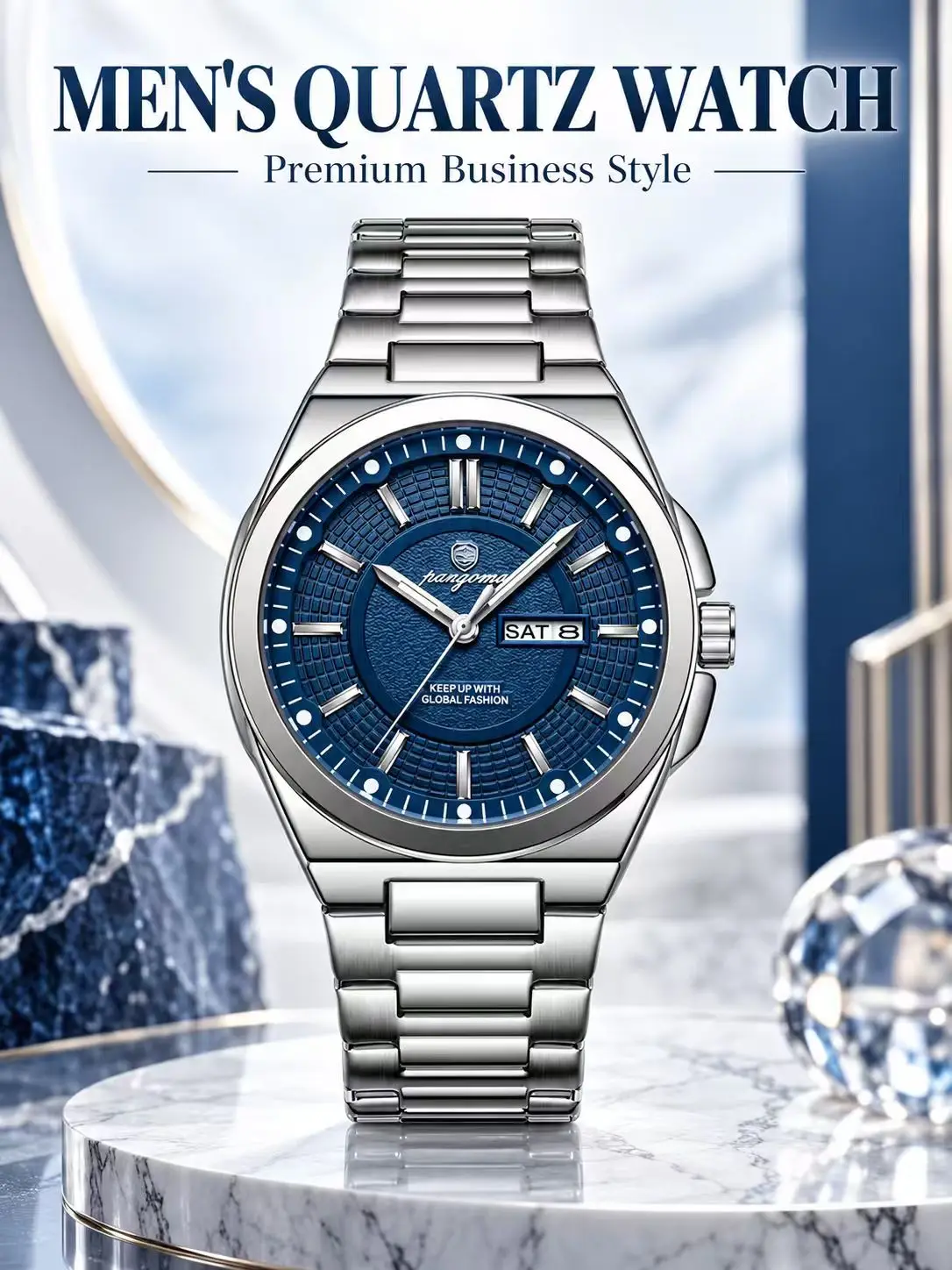PAAZOMU Men Quartz Watch Luxury Gold Silver Stainless Steel Blue Dial Day Date Business Wristwatch Quartz Man Wristwatch Reloj