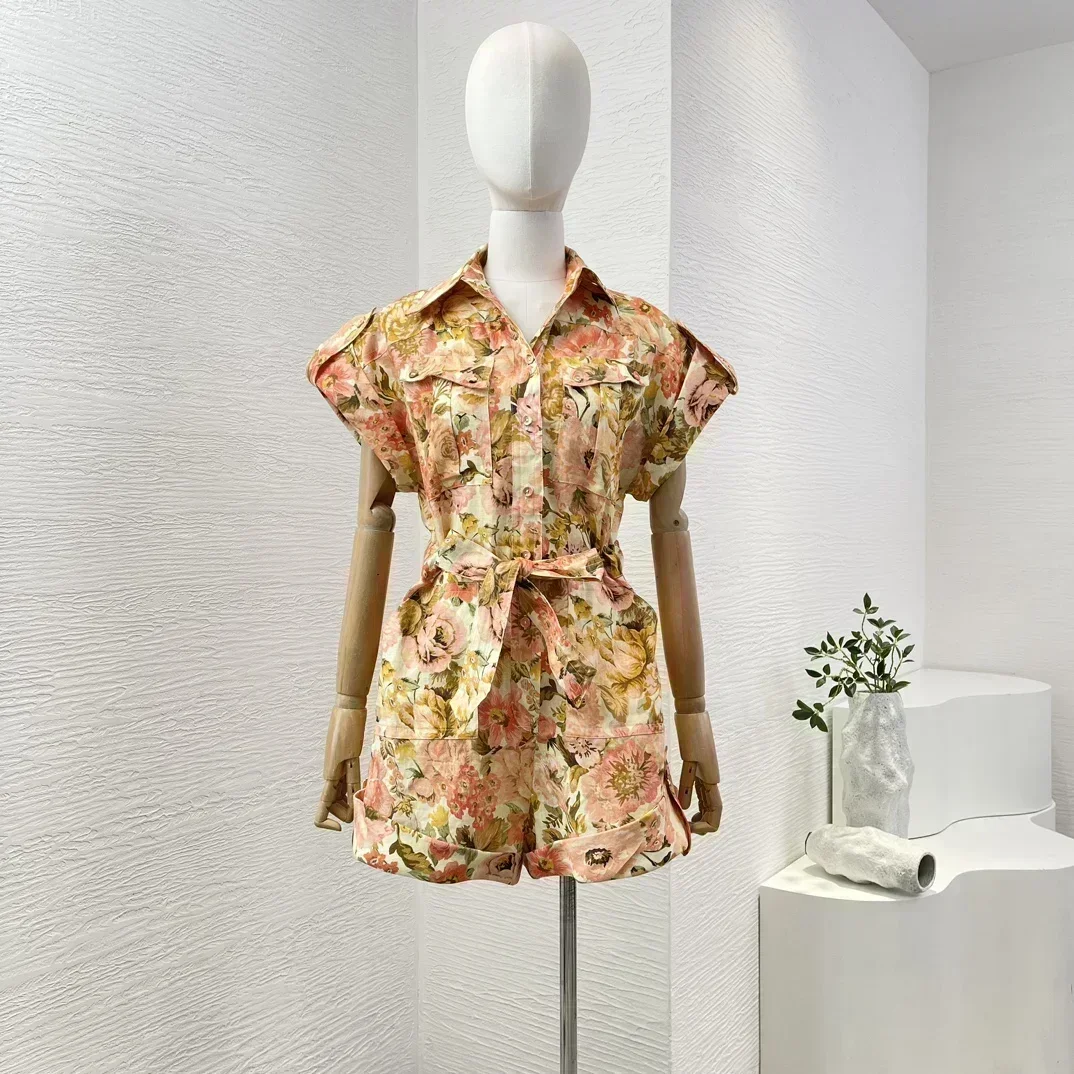 

Holiday Orange Pink Floral Print Short Sleeve Turn Down Collar Pure Linen 2024 Beach Style Summer Women Jumpsuit Playsuit