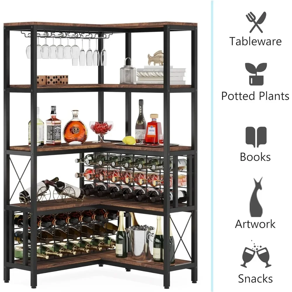 Large Corner Wine Rack,5Tier L Shaped Industrial Floor Bar Cabinets for Liquor and Glasses Storage for Home Kitchen Rustic Brown