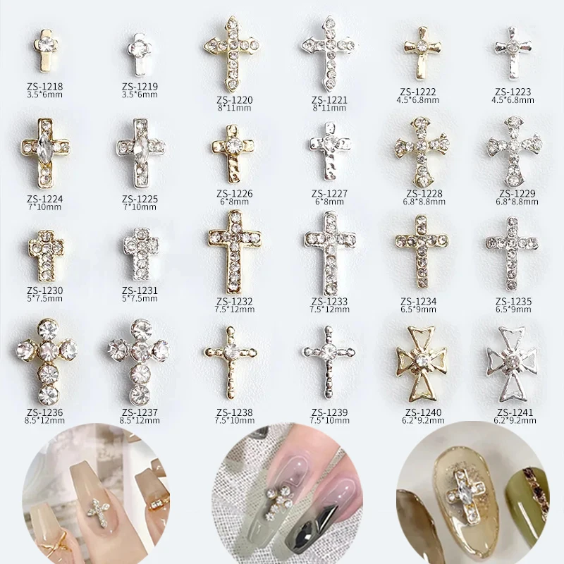 3d strass cruz para nail art, 20pcs, liga vintage, ouro e cor prata, jóias com diamantes para decoração de unhas, zs