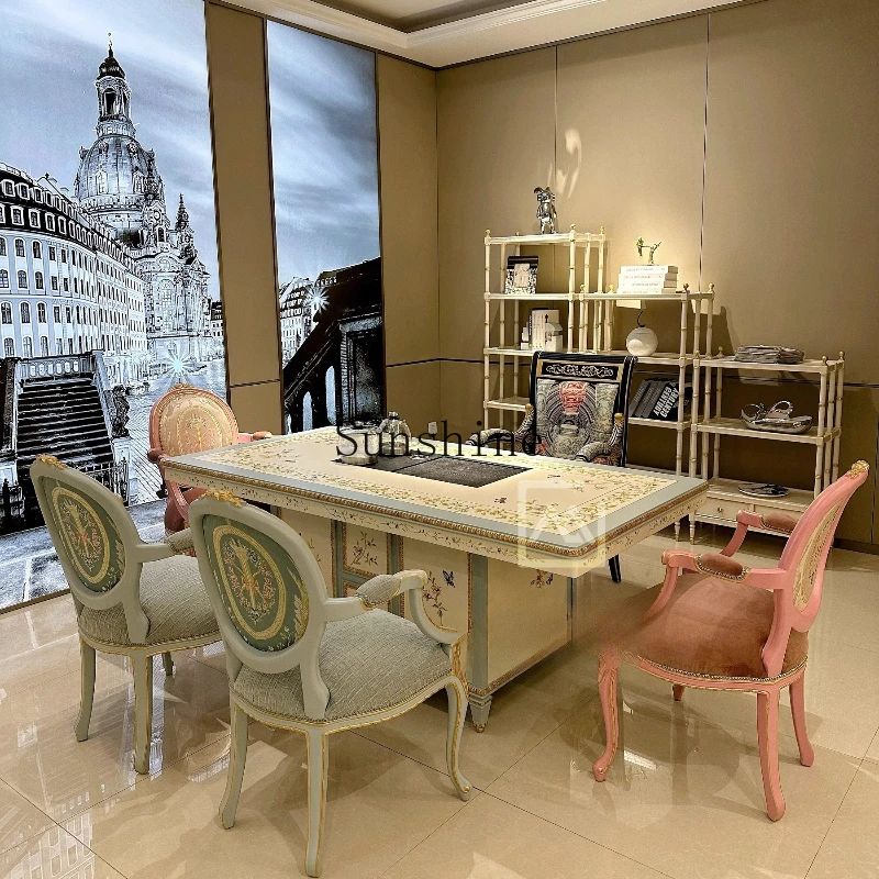 

French solid wood tea table and chair combination retro Chinese pastoral painting table