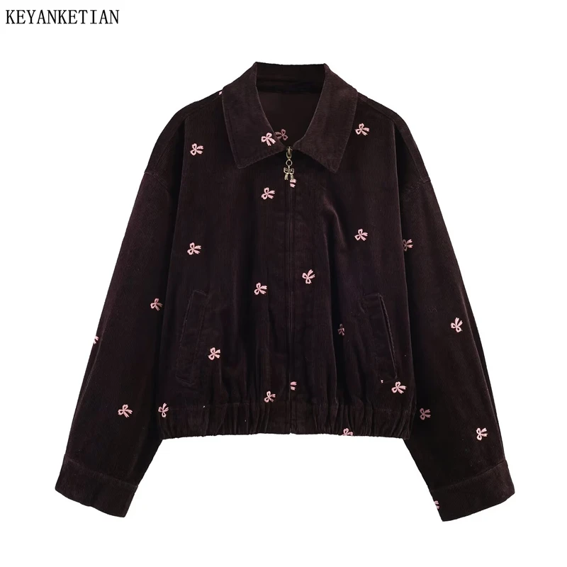

KEYANKETIAN 2026 Spring New Women Chic Corduroy Jacket Bow Embroidery Zip Up Coat Pockets Casual Sweet Outerwear Loose Top