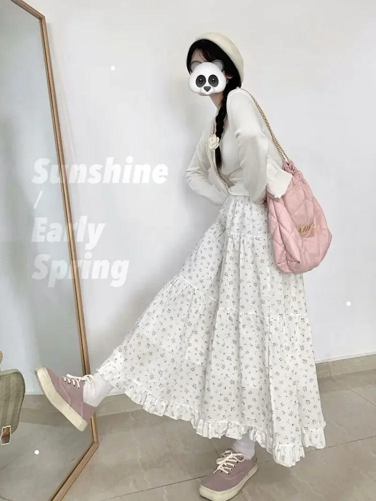 Japan Style Sweet Floral Skirts Women 2025 New High Waist Spliced Ruffle A-line Cake Long Skirt Kawaii Beach Faldas Ins