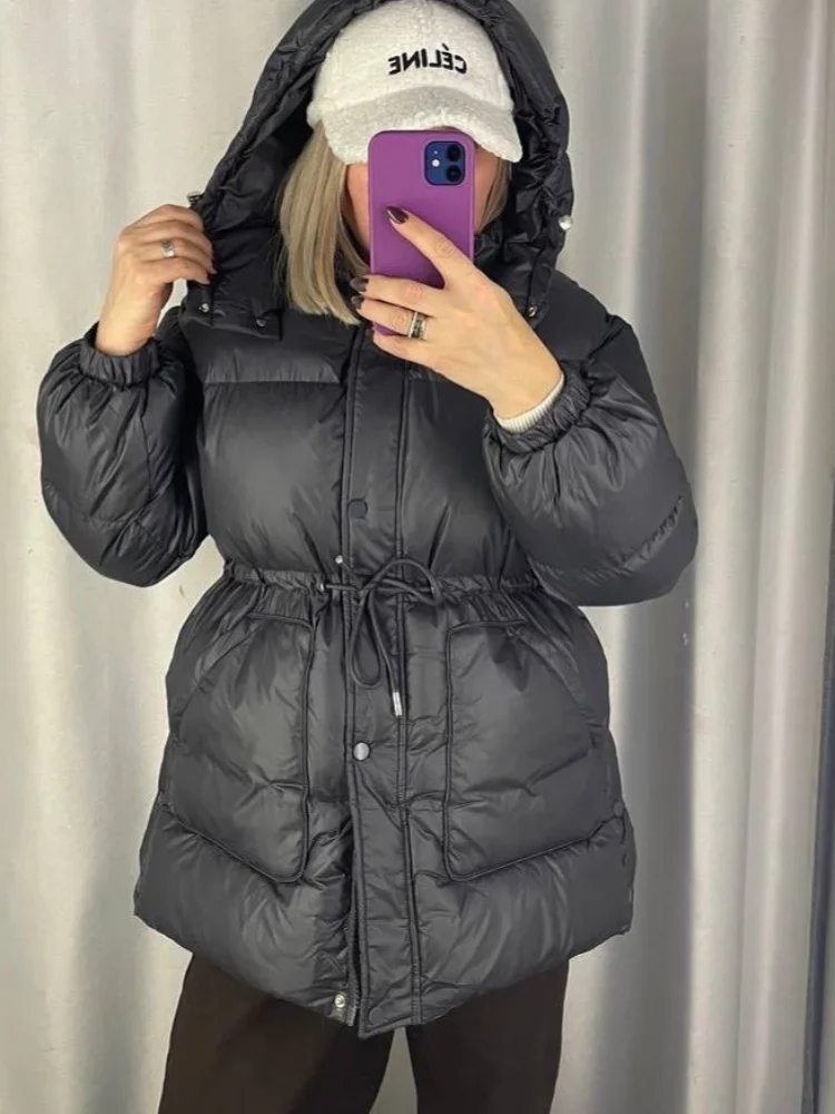 Women Solid Thicken Cotton Outwears Casual Stand Collar Zipper Long Sleeves Lace Up Detachable Hat Coat Winter Lady Warm Jackrts