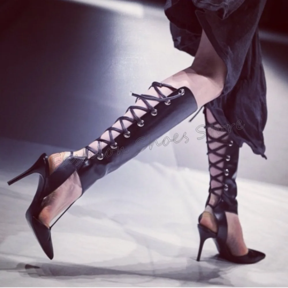 

Black Pointed Toe Lace up Boots Matte Leather Women Shoes Stilettos High Heels Party Banquet Dating 2025 Zapatos Para Mujere