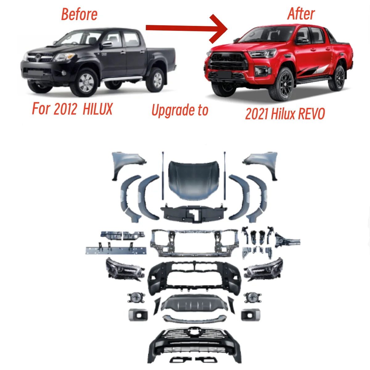 

STLF1 Set Conversion Facelift Body Kits for2012 2013 2014Hilux Upgrade to2021 Hilux REVO Style With Headlights Bumper Hood Grill