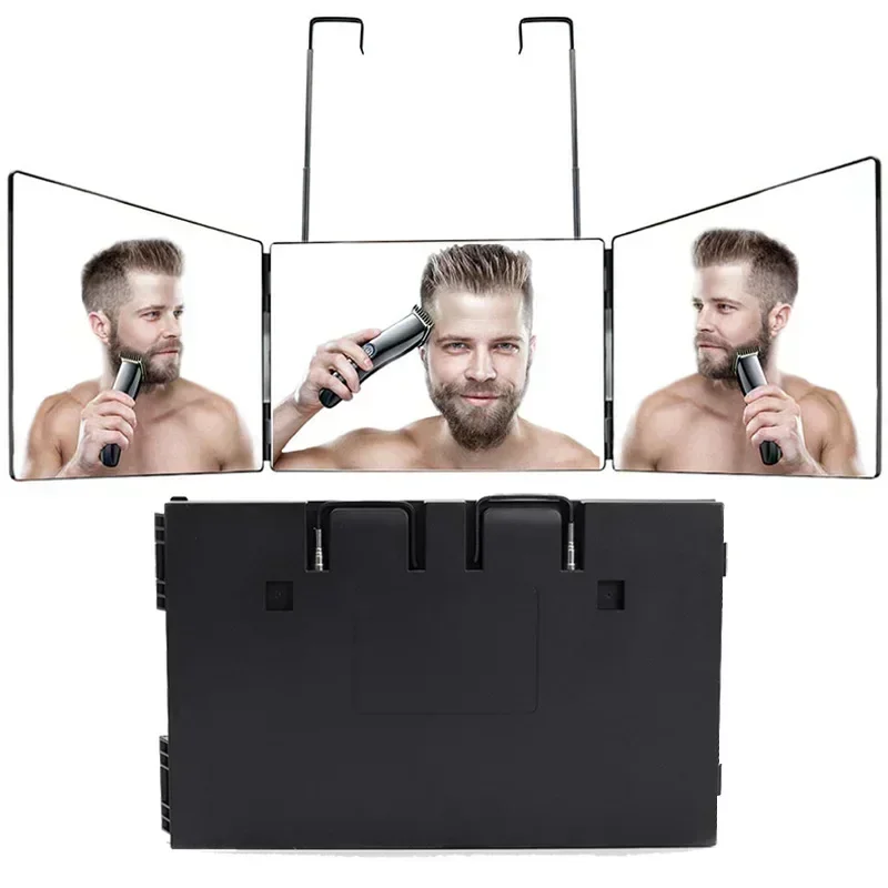 Black Portable 360 Trifold Mirror with Height Adjustable Telescoping Hooks Ideal for Self Hair Cutting Makeup Essential Fordable