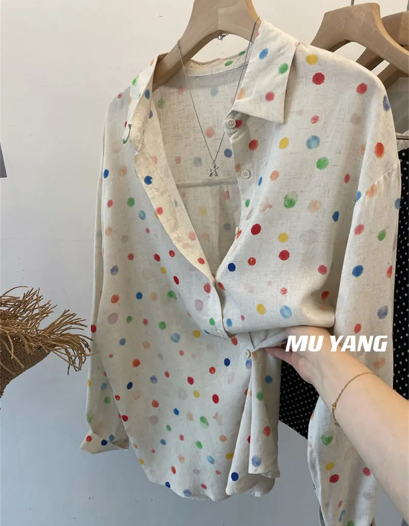 Small Fresh Colorful Polka Dot Cotton Comfortable Material Long-sleeved Shirt Polka Dot Thin Shirt Top