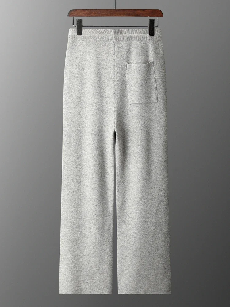 Commut Bend Knife Pants Autumn Winter Trousers Men's Wide Leg Pant 100% Merino Wool Pants Casual Warm Knit Straight Sweat Pant