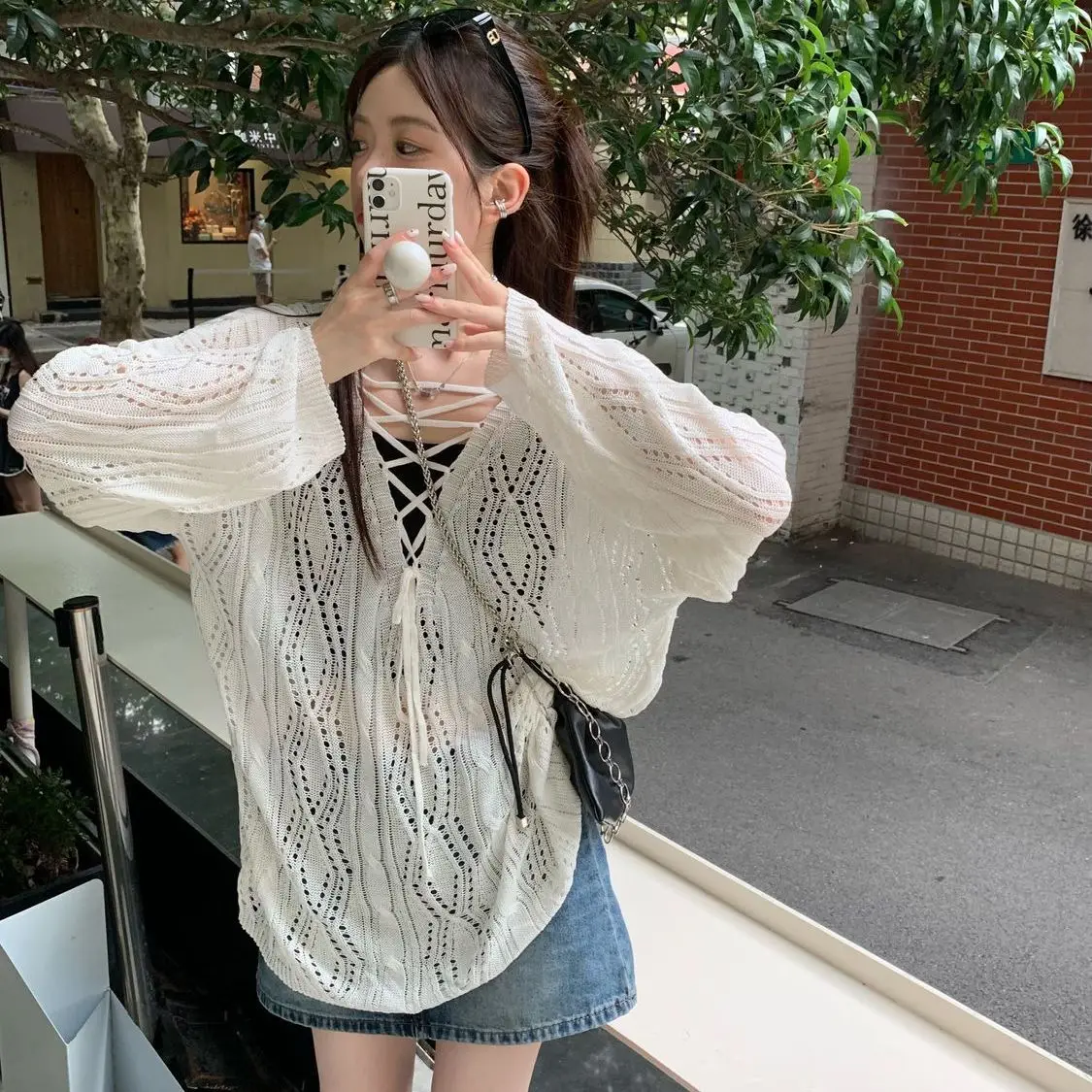 Hollow Out Bandage Knit Shirt Sweet Y2k Pullover Women Harajuku Spring Summer Thin Sweater Soft Loose Long Sleeve Tops White New