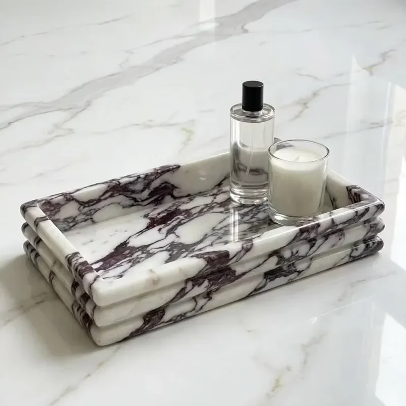 Custom Art Deco Caracatta Violet Marble Tray Rectangle Groove Natural Stone Storage for Bathroom Villa Tabletop Decorative
