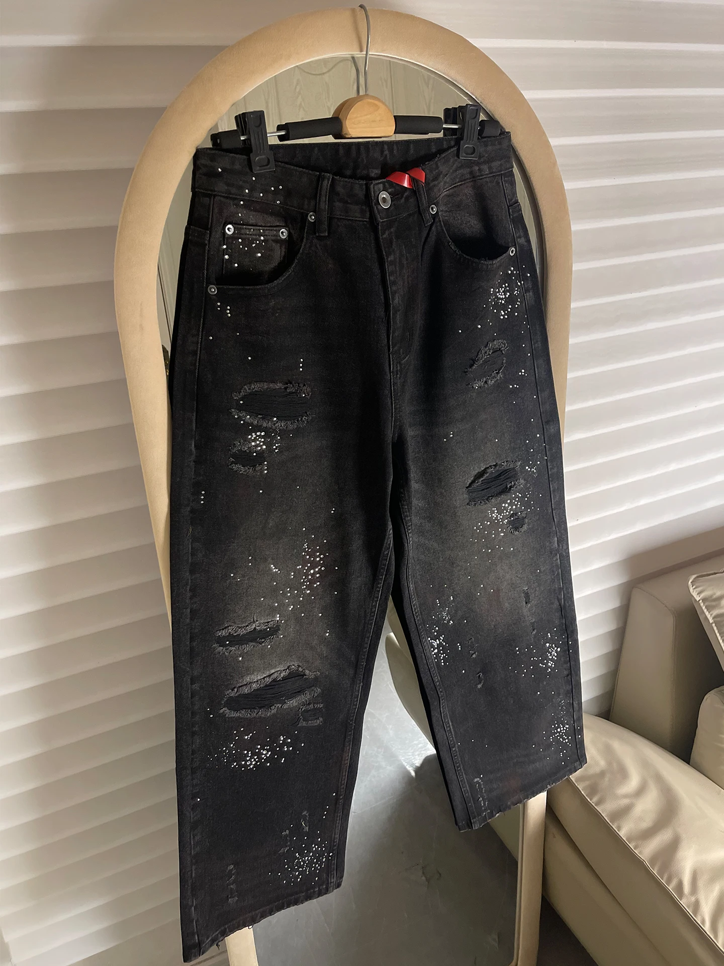 

Джинсы Parisian Waed Distred с дырками и стразами, свободные, прямого кроя, длинные брюки, американский модный бренд ex