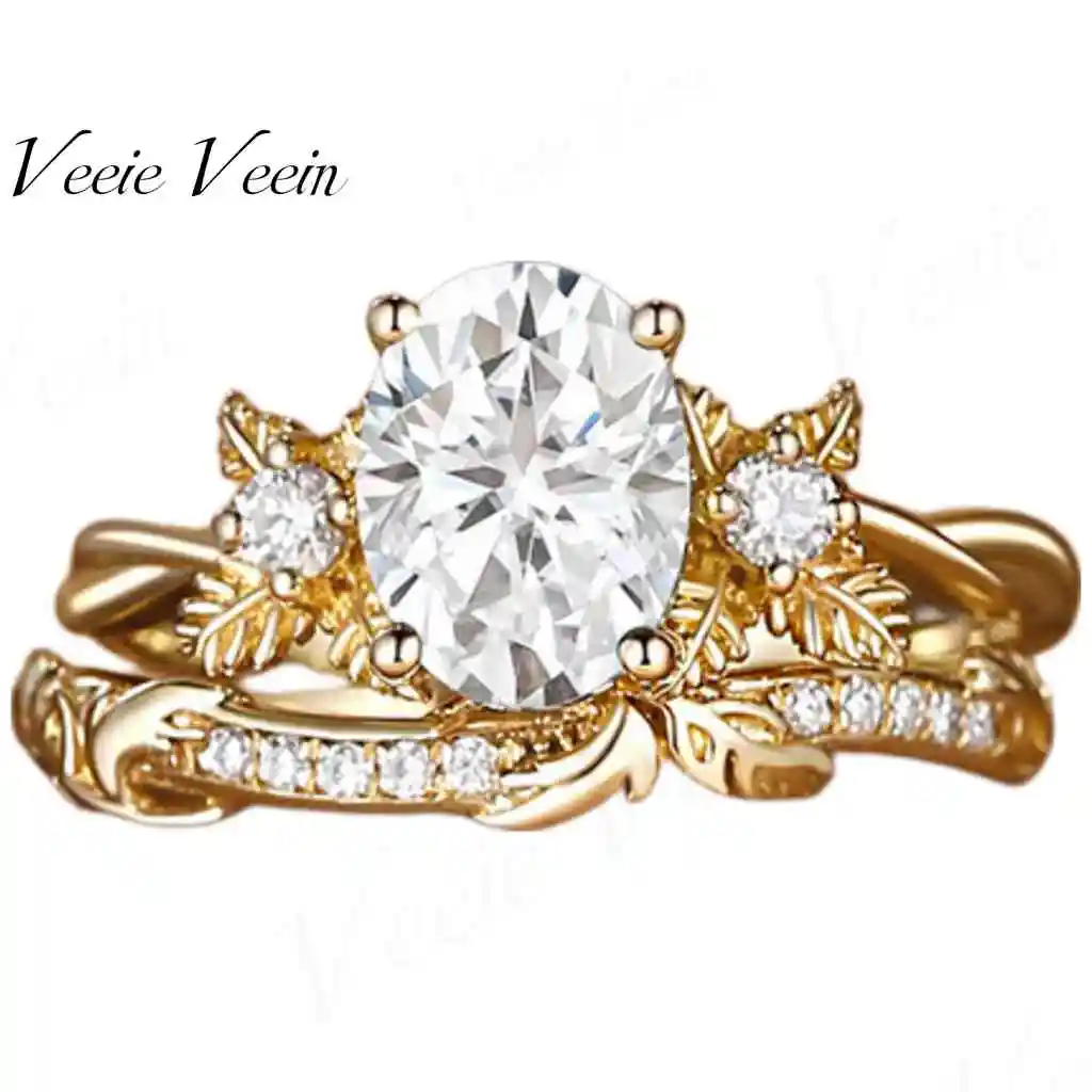 Veeie Veein Jewelry Ins Light Luxury 1.5 Carat Oval Flower Branch Series Wedding Ring S925 Sterling Silver Gold Plated Ring With