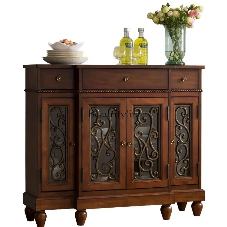 

American-Style Solid Wood Sideboard Four-Door Storage Retro European-Style Small Apartment Storage Cabinet