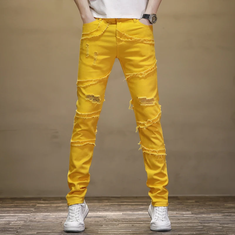 

Yellow Motorcycle Jeans Men2024New Style Frayed Stitching Ripped Personality Casual Stretch Slim Fit Skinny Long Pants