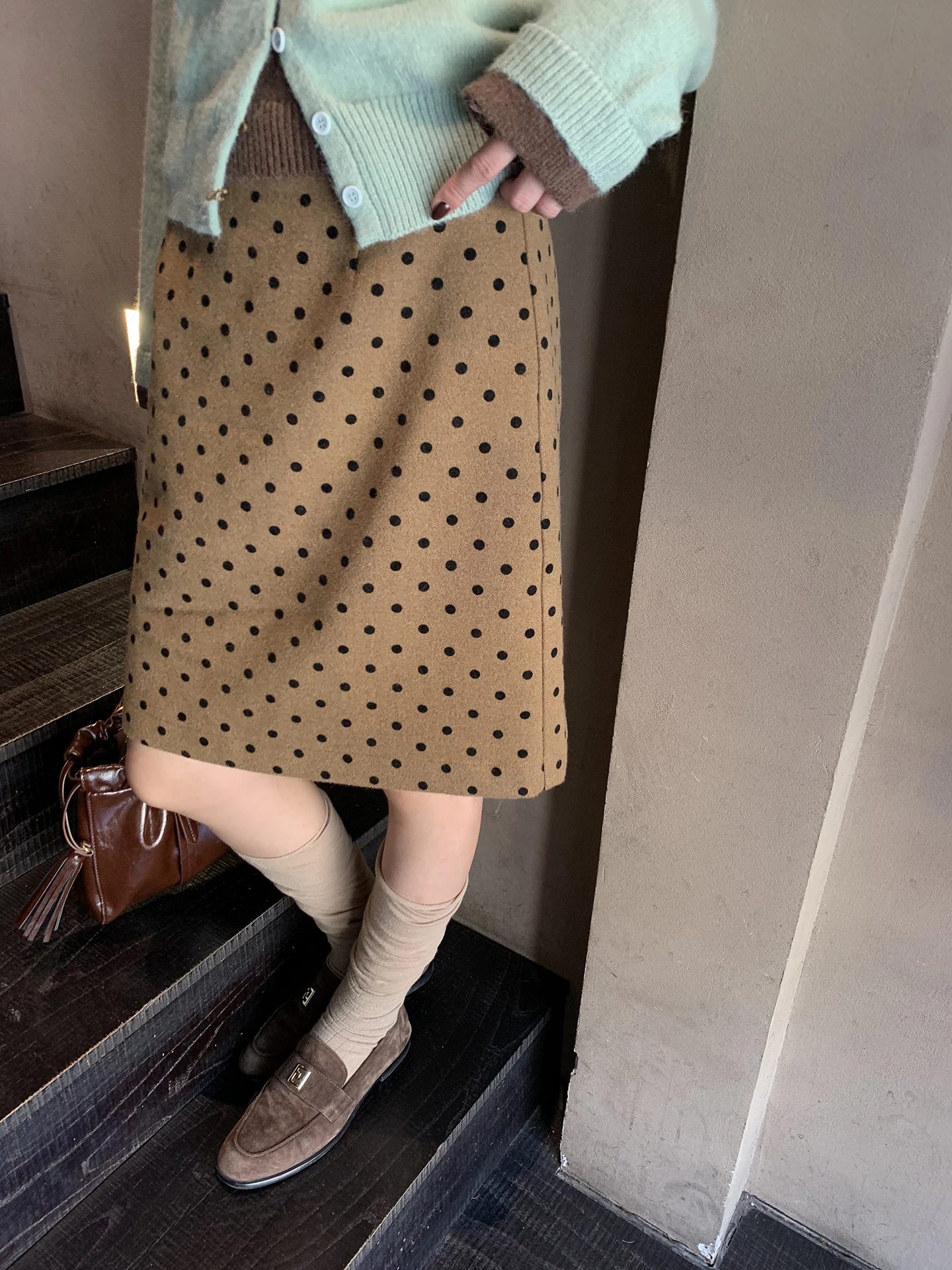 Red Celebri A-Line  Skirt Women's Autumn Winter 2025 New Coffee Color Polka Dot Woolen Wrap around ort Skirt