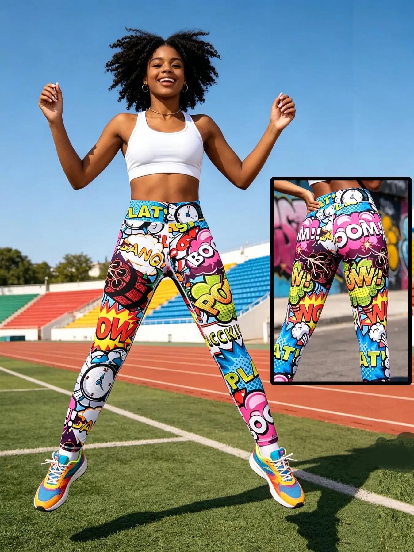 Colourful graffiti trousers with cartoon prints – street-style comic-inspired ‘explosion’ design, fashionable girly style; high