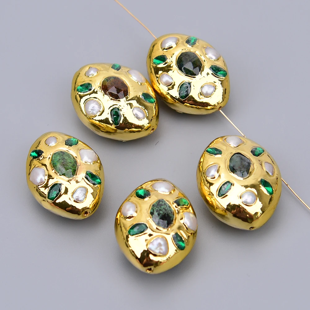 APDGG 5 Pcs 24x30mm Natural White Pearl Green Malachite Paved Crystal Golden Beads For Jewelry Making DIY