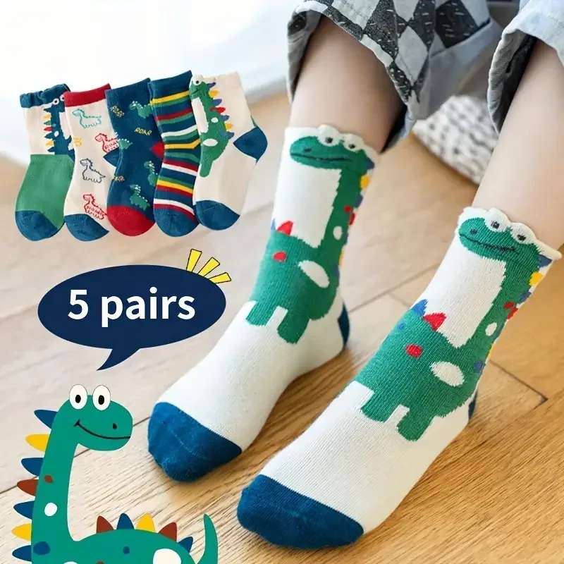 5 Paar Jongens Casual Gebreide Sokken Met Dino-Patroonprint, Ademende Comfortabele Crewsokken Voor Kinderaccessoires In De Zomer En Lente