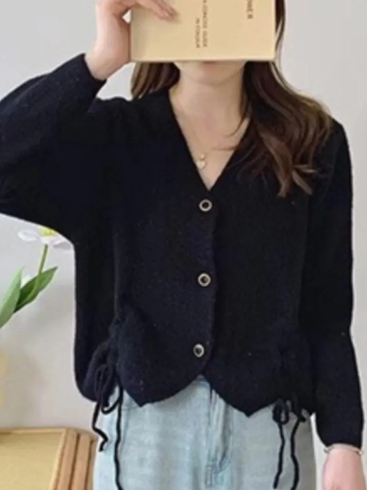 Cardigan à col en V pour femme, pull à manches longues, haut à lacets, veste douce et adt, décontracté, dame de bureau, trajet quotidien, automne, 2024