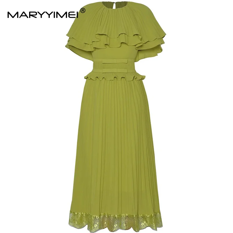 

MARYYIMEI Solid Cloak Sleeves Slim Dress For Women Lace Splicing Fashion Big Swing Pleated Dresses Summer 2025 New