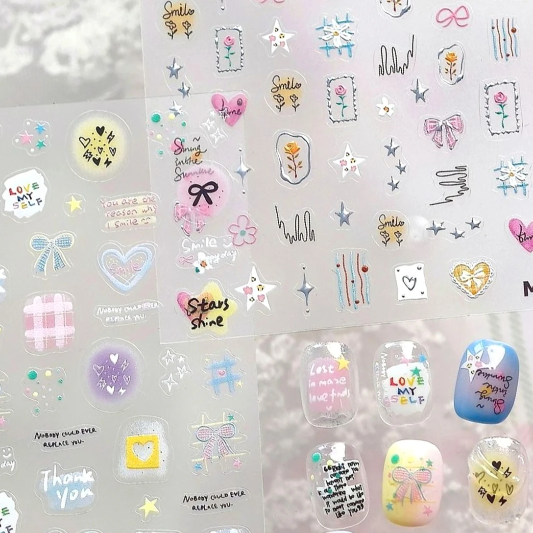 Illustrazione semplice Pizzo Cuore Amore Rosa Fiore Stella Linea Cintura Lettera inglese Graffiti Adesivo Adesivi per nail art Decalcomania per manicure