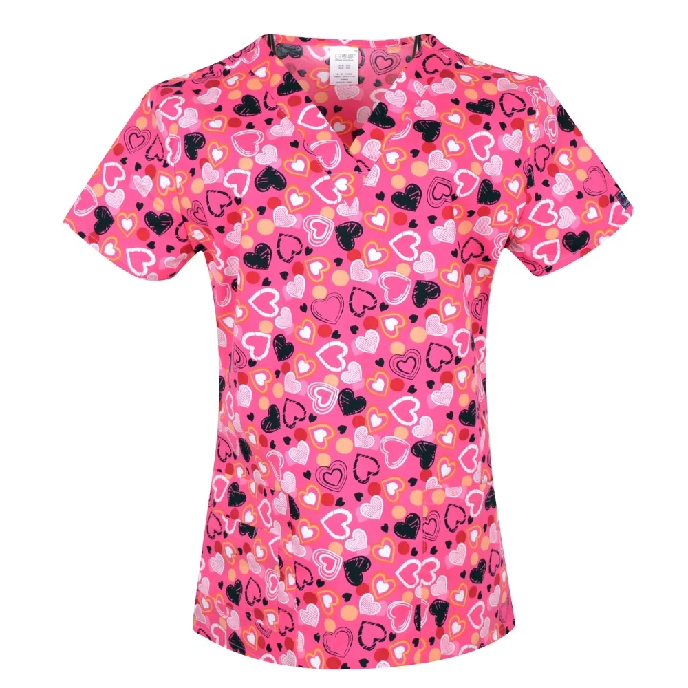 Clinical Uniform Woman Elegant Heart Print Health Care Scrub Uniform Trends V-Neck Short Sleeve Dental Nursing Uniform for Women