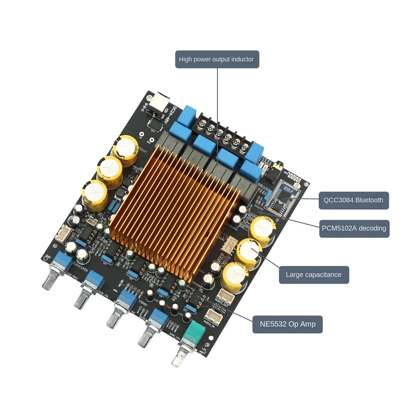 TPA3255 High-Power HIFI 2.1 Amplifier Board QCC3084 Bluetooth 5.4 Extended Bass Signal Output