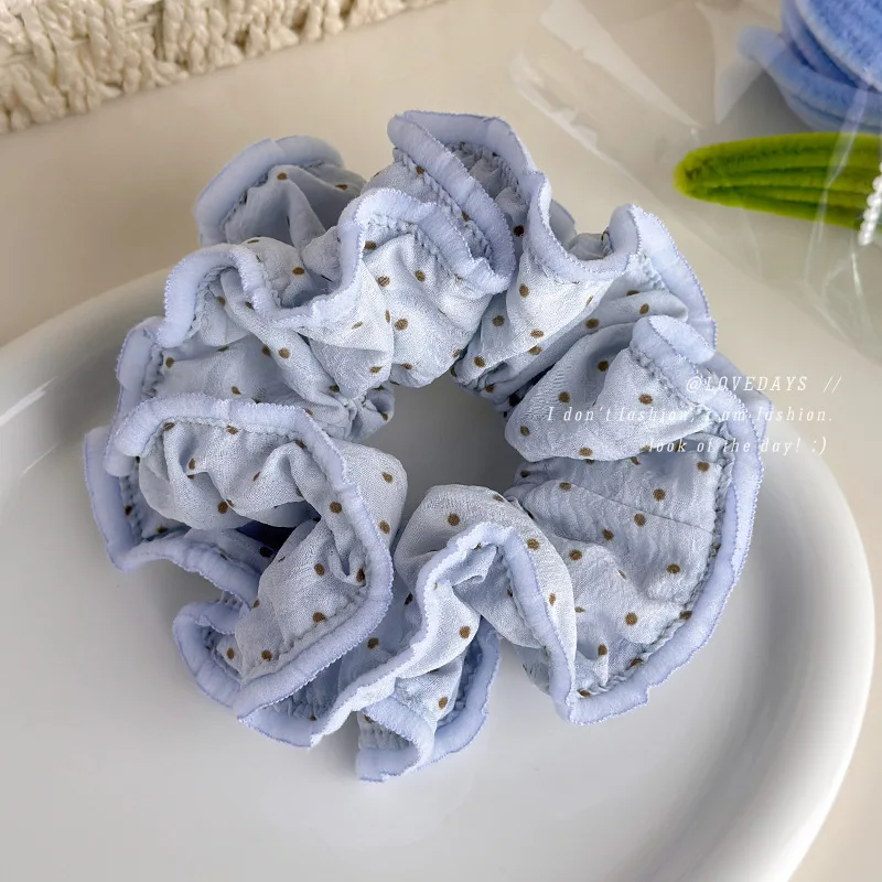 Premium Milk Blue Polka Dot Scrunchie for Women Korean Elegant Soft Hair Rope Spring Summer Bun Ponytail Holder