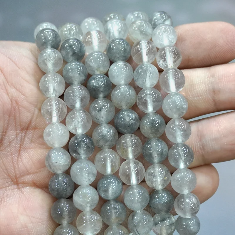 Perles de cristal naturel, perles rondes en quartz cristal nuageux Gary, perles en vrac pour la fabrication de bijoux, bracelets, boucles d'oreilles, 15 pouces, 4, 6, 8, 10, 12 mm