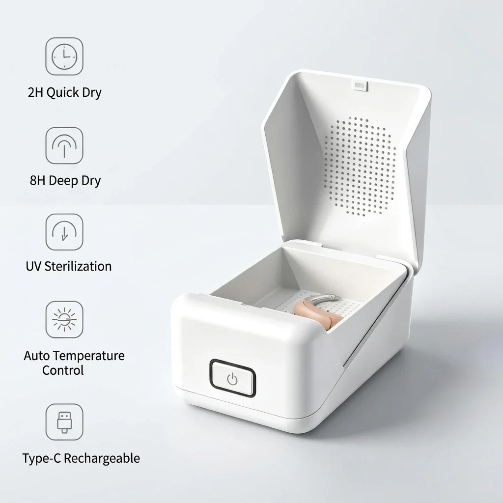 High-quality Digital UV Electronic Hearing Aid Sanitizer Dryer    Dry Function 403 Temperature Control   S Material 2H/8H