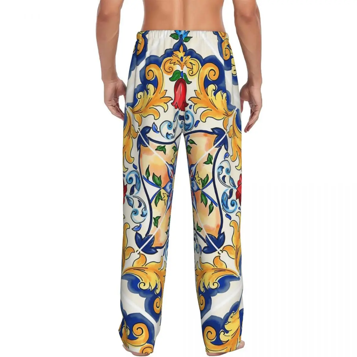 Custom Sicilian Majolica Colourful Floral Flourishes Tile Pattern Pajama Pants Men Sleepwear Sleep Lounge Bottoms with Pockets
