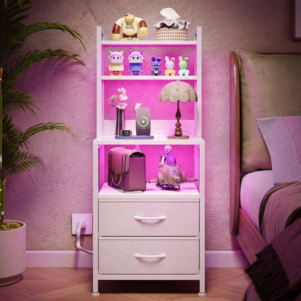 

41 Tall LED Nightstand With Charging Station, 2 PU Fabric Drawers 2In1 Side Table Bookshelf, USB Socket End Table For Bedroom O