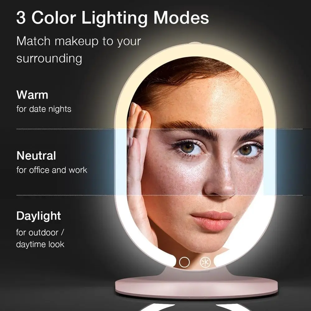 Portable LED Makeup Mirror with 3 Lighting Modes, 10x Magnifier, Foldable Vanity Mirror, 1500mAh Battery, Pink