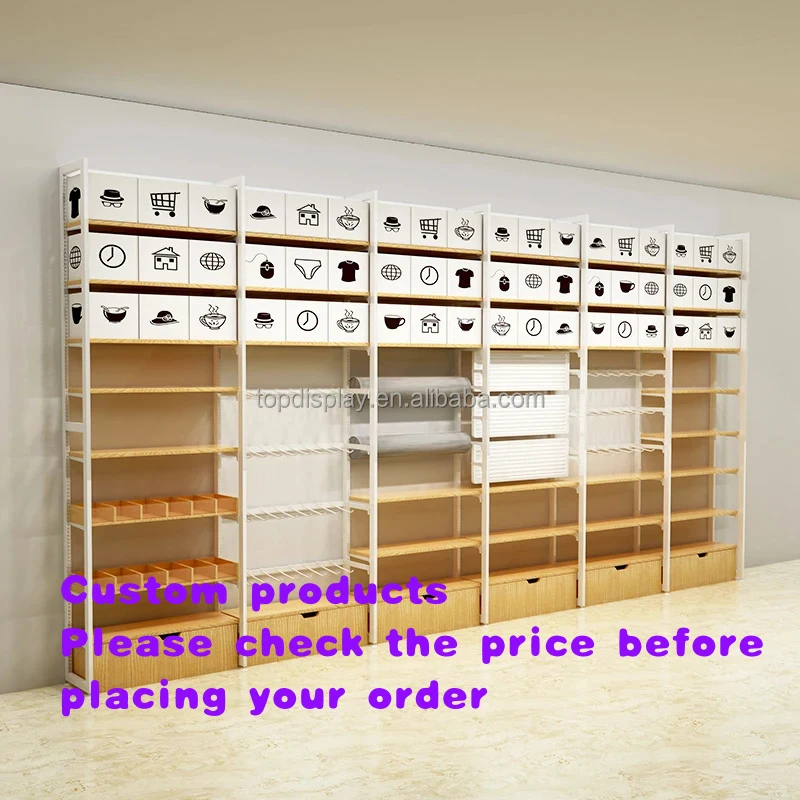 custom.Whole Wall Light Duty Grocery Shelves Metallic Iron with Laminate Hooks Supermarket Rack Type 4 Shelves Floor