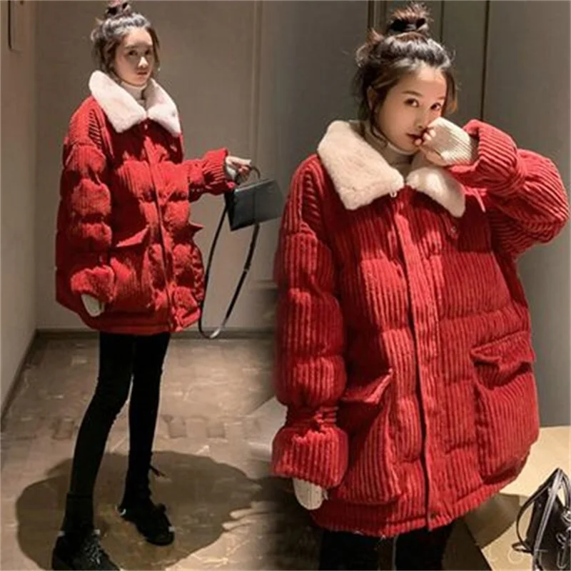 Thickened Cotton Coat Women\'s Coat 2022 Winter Women\'s Coat Corduroy Bread Coat Imitation Rabbit Fur Collar Short Cotton Jacket