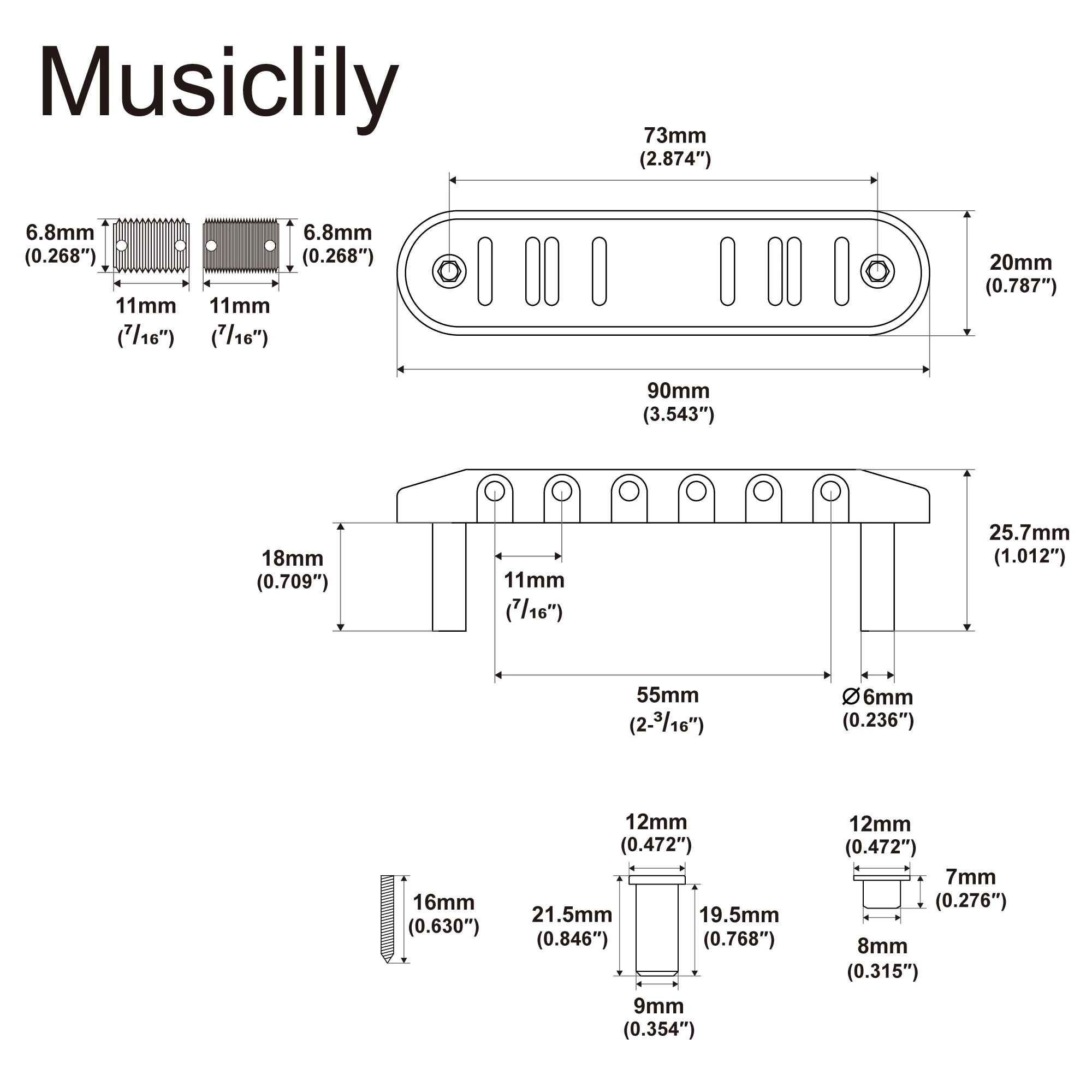 Musiclily Ultra 55mm Offset Bridge with Full Solid Brass Plate Threaded Vintage 6-Saddle for Jazzmaster Electric Guitar