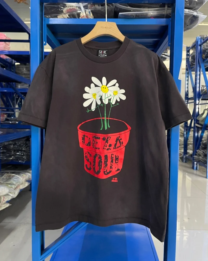 High Street Gray Fashion Washed Digital Print Floral Potted Plants Summer Men's Women's Casual Saint Retro T-shirt — купить у AliExpress WW