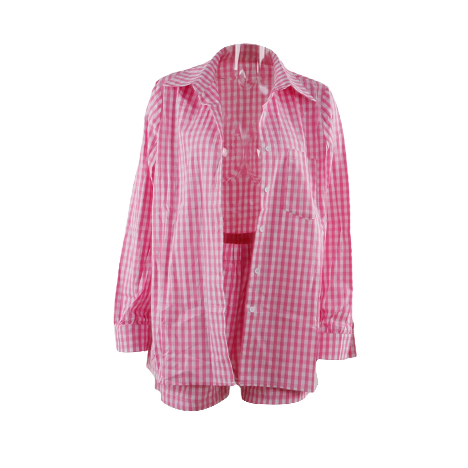 

Summer Women 2 Pieces Clothing Shorts Suit Set Fashion Female Striped/ Plaid Turn-Down Collar Long Sleeve Shirt+ Short Pants