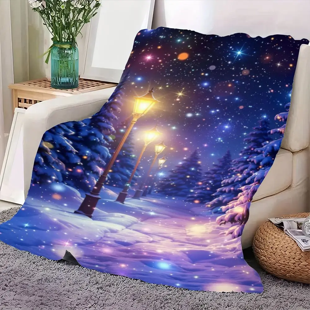 Coperta magica per palcoscenico notturno invernale - Coperta in morbido pile accogliente con paesaggio innevato incantato, toni blu intenso e viola, G
