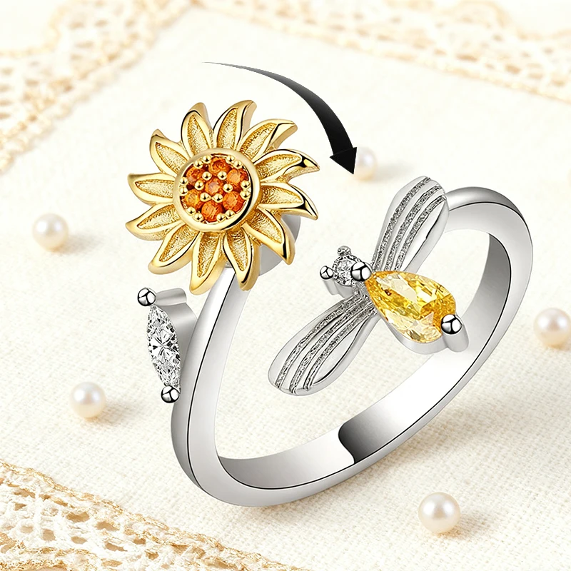 

Adjustable Open Ring With Rotating Flowers For Women's Anxiety Relief Suitable For Charm Fashion Party Jewelry Accessories Gifts