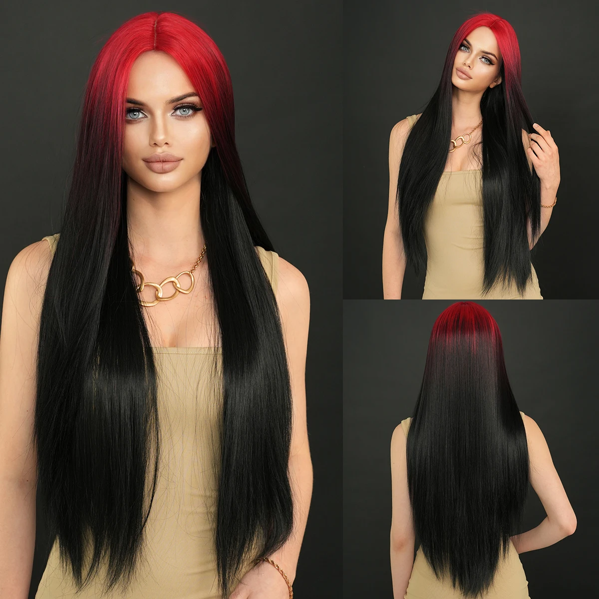 NAMM Synthetic Long Straight Black Wigs For Women Daily Party Use With Red Roots High Density Layered Hair Wigs Resistant Fiber